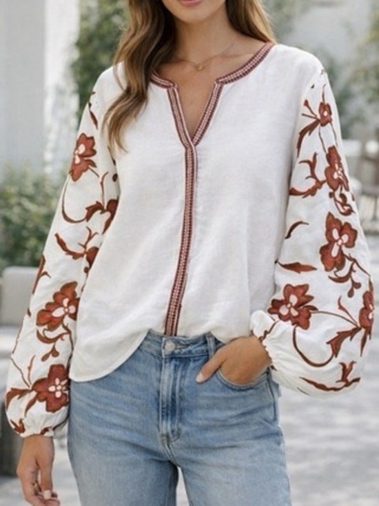 Calypso St. Barth Tops - Calypso St Barths balloon sleeve floral embroidered white cotton linen blouse M